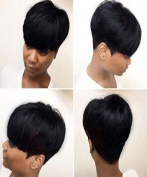 Cabelo humano não processado curto pixie corte preto penteados máquina feita perucas para mulheres brasileiras perucas de moda 8780173