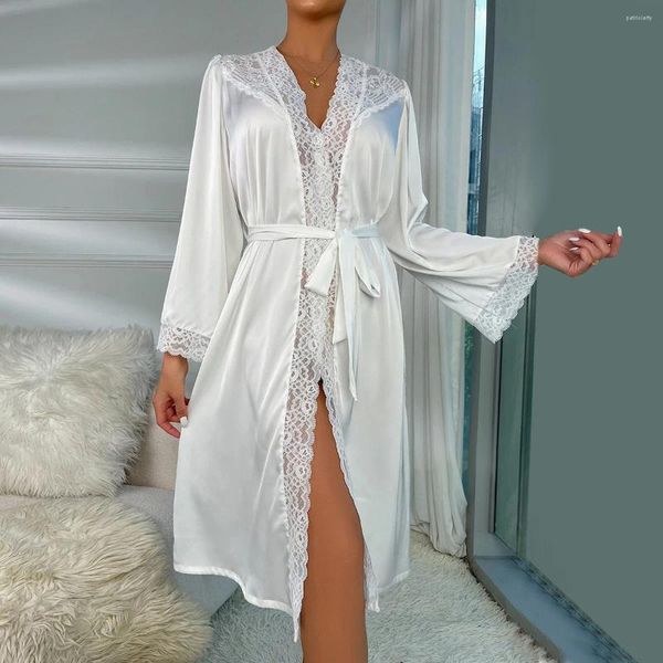 Damen-Nachtwäsche, langärmelig, Morgenmantel, weißer Spitzenbesatz, Hochzeit, Braut, Bademantel, Obe-Kleid, elegantes Nachthemd, Damen-Satin-Kimono, Schlafanzug