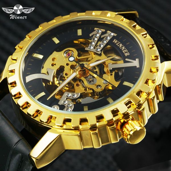 Vencedor moda auto mecânico relógios masculinos marca superior de luxo esqueleto dourado dial cristal número índice relógio pulso negócios 20313m