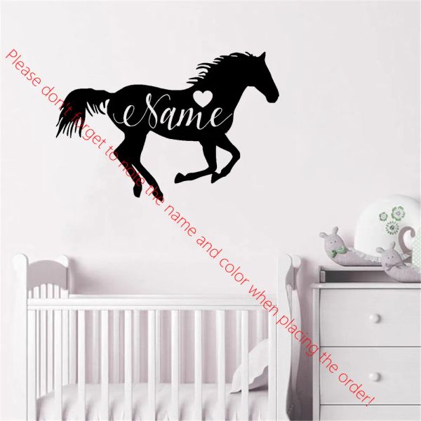 Adesivos de parede personalizados com nome do bebê, adesivo de parede personalizado, cavalo do zodíaco, decalque de parede para quarto infantil, murais de vinil animal ph707