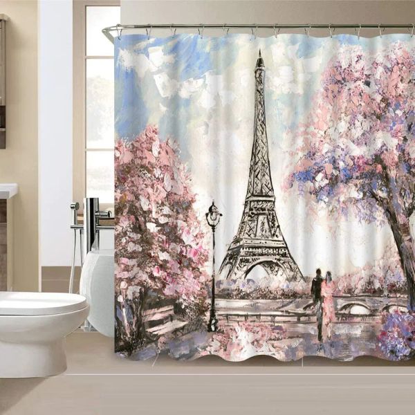 Cortinas pintura a óleo torre de paris cortina de chuveiro do banheiro amante romântico flor rosa tecido de poliéster cortina de banheiro decoração de casa