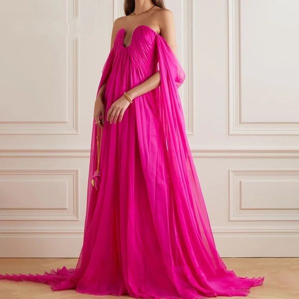 Abito da sera formale da donna rosa rosa 2024 con spalle scoperte ritagliato in chiffon una linea lunga abiti da ballo di fine anno Robe De Soiree