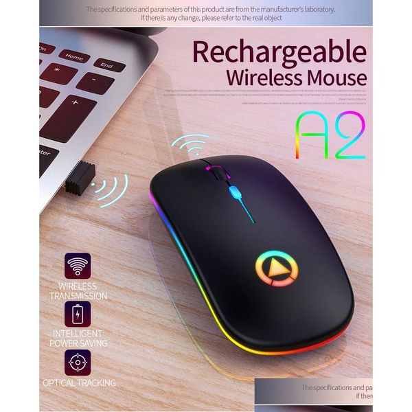 Mäuse A2 wiederaufladbare drahtlose Bluetooth mit 2,4 G-Empfänger 7-Farben-LED-Hintergrundbeleuchtung Stille USB-optische Gaming-Maus-Batterie für Computer Otjev