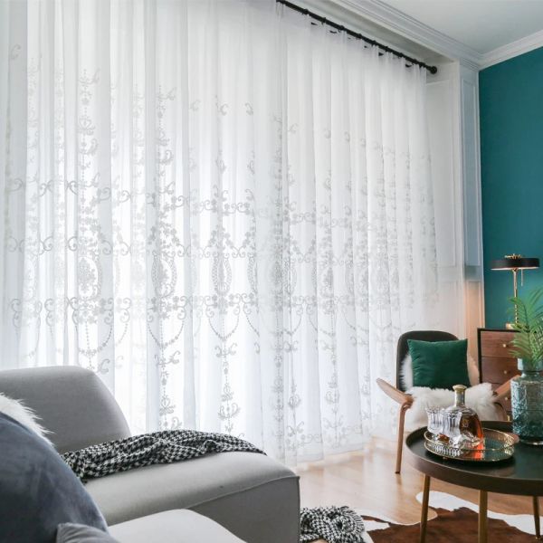 Cortinas branco bordado sheer tule cortina para sala de estar o quarto europa janela triagem organza gaze tecido cortinas