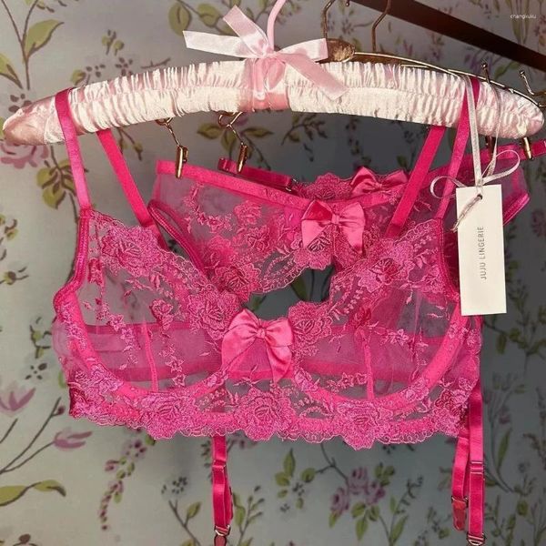 BHs Sets Ultradünne Spitze Sexy BH Set Push Up Damen Dessous mit Slip Anzug Zwei Farben Rose Rosa Blumenschleife Unterwäsche