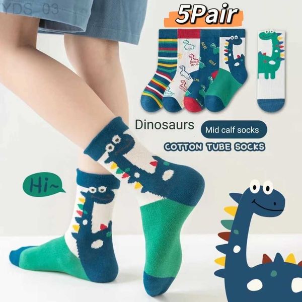 Kindersocken Kindersocken 5 Paar Herbst und Winter Neue Mid-Calf Dinosaurier Frühling und Herbst Jungen und Mädchen Baby mittleres und großes Kind YQ240314