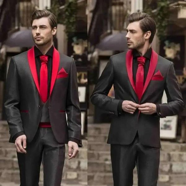 Ternos masculinos preto masculino casamento smoking fino ajuste vermelho xale lapela calças do noivo 2 peças formal homem negócios blazer