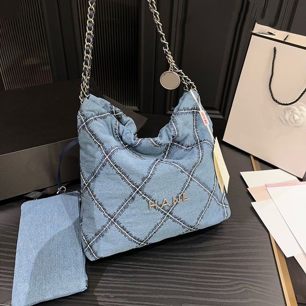 Laides Designer Madeni Mavi Denim Nakış Kapitone 22 Alışveriş Çantası SHW Cüzdan Torbası ile Crossbody Omuz Çantaları Büyük Kapasiteli Dış Mekan Çantası 32x31cm