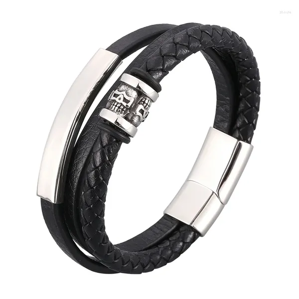 Charme pulseiras na moda couro crânio homens de aço inoxidável multicamadas tecido corda pulseiras masculino pulseira punk jóias acessórios sp1000