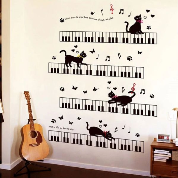 Adesivi Il Gatto Al Pianoforte Adesivi Murali Musica Per Camere Dei Bambini Camera Da Letto Sfondo Artistico Battiscopa Battiscopa In PVC Farfalla Decorazione Murale