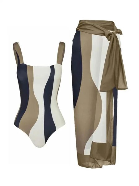 Vintage Slim asymmetrisch gestreifte Bikini-Sets, Badeanzug mit kontrastierendem Cover-Up, 2er-Pack Bademode, Strand-Badeanzug 240309