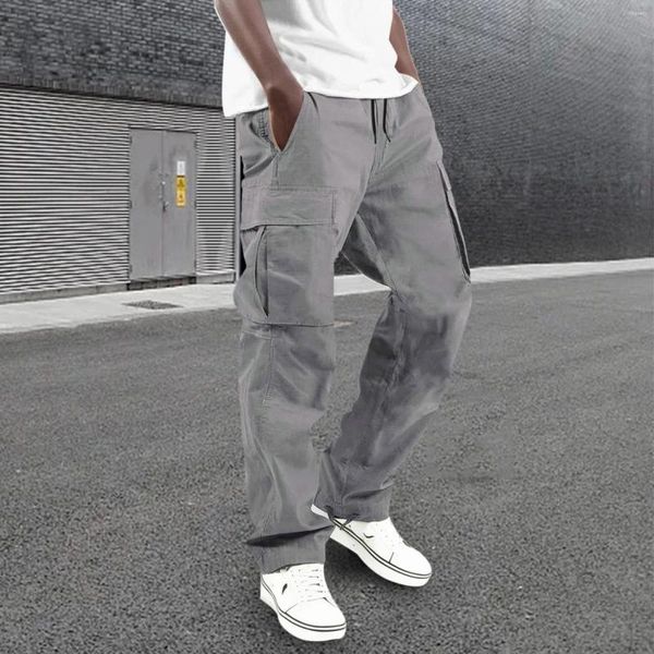 Calças masculinas quatro estações rua lazer esportes multi-bolso pé boné corda cintura cor sólida tecido macacão calças