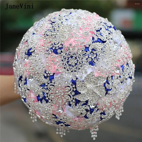 Hochzeitsblumen JaneVini Luxus-Brautsträuße voller Diamanten in Königsblau und Rosa mit Silberschmuck, künstlicher Rosenstrauß aus Satin