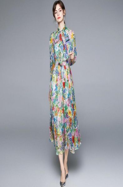 LLZACOOSH Runway Designer Плиссированные макси летние женские элегантные цветочные принты с бантом и вырезом в винтажном стиле, шифоновые длинные вечерние платья 2105145870341