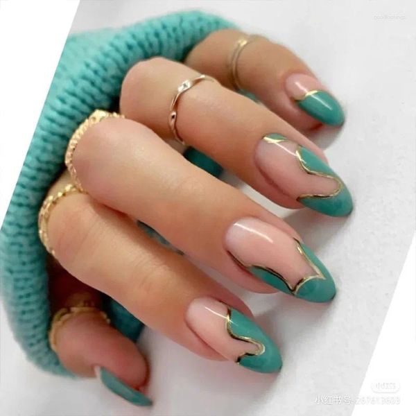 Unhas Falsas 24 PCS Europeu e Americano Longo Redondo Toed Falso Menta Verde Linha de Ouro Onda Splicing Usando Produtos de Unhas