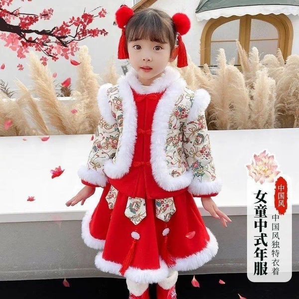 Set di abbigliamento Abbigliamento invernale per bambina di Hanfu per bambini Abbigliamento natalizio per bambini Plus Abito in velluto