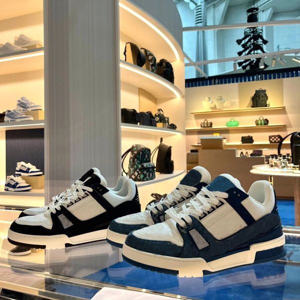 Scarpe casual da uomo di design di vendita CALDA Scarpe sportive da donna con lacci in pelle con fondo piatto Bianco Nero Uomo di lusso in velluto scamosciato TRAINER di alta qualità Blu mare pallido