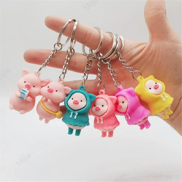 Chaveiros bonito pvc borracha macia capa de chuva piggy chaveiro kawaii porco boneca chaveiros mulher saco de metal carro anel ornamento presente