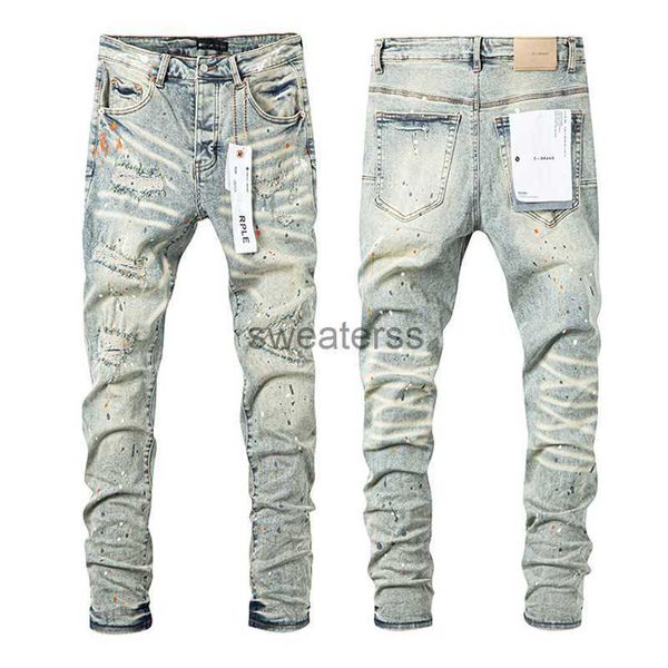 Calça jeans roxa moderna, desgastada e suja, lavada, perna reta, americana 9E3S