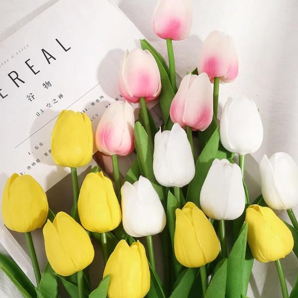 Flores decorativas 20 peças 34cm de comprimento artificial real toque mini tulipas buquê planta para sala de casamento casa el festa decoração de evento