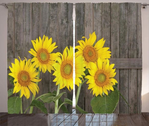 Vorhänge, braun, gelb, grün, Sonnenblumenvorhänge, Helianthus-Sonnenblumen vor verwittertem, altem Zaun, Sommergarten, Fotofenstervorhang