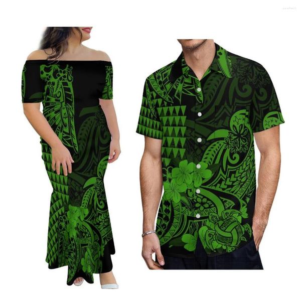 Partykleider Polynesien Paar Maßgeschneiderte Männer Gedrucktes Muster Hemd Frauen Trägerloses Sexy Langes Kleid Benutzerdefinierte Samoa Design