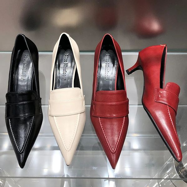 Dişi 4.5cm topuklu ayakkabı şarap kırmızı kadın pompalar slaytlar ayakkabı moda sivri ayak parmağı sığ bayanlar orta topuklu ayakkabılar 240312