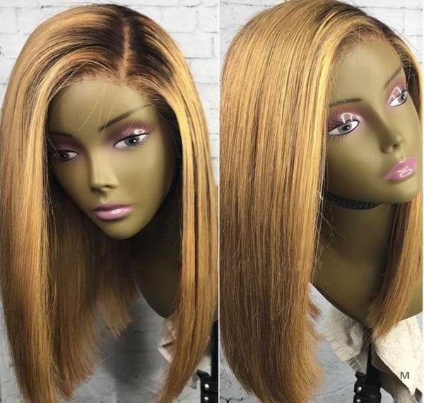 13X4 Honigblonde Echthaar-Perücken mit Spitze, T1B27, brasilianisches 130-Remy-Haar, kurze Bob-Perücke, schwarze Wurzel, gebleichte Knoten, mittleres Verhältnis 9358035