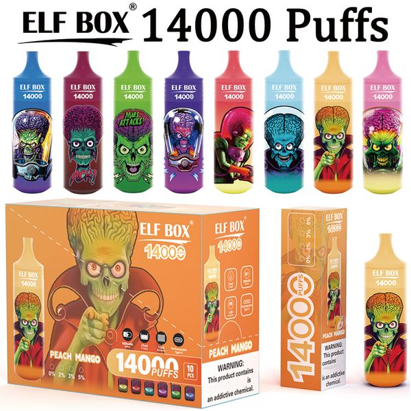 Puff 14k ELF Box 14000 Puff Vapes Sigarette elettroniche usa e getta 0% 2% 3% 5% Bobina a rete pod preriempita da 25 ml Batteria ricaricabile da 600 mAh Penna a 10 gusti