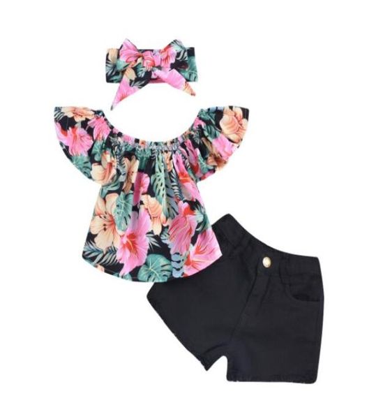 VENDA inteira da criança do bebê roupas de grife Floral Tops Camiseta Denim Shorts Headband Outfits crianças roupas de grife girl3089246