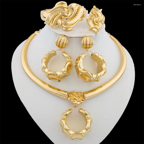 Kolye küpeleri seti Afrika altın kaplama takı bayanlar sarkık ve el bilezik yüzüğü ile parti yıldönümü için 4pcs