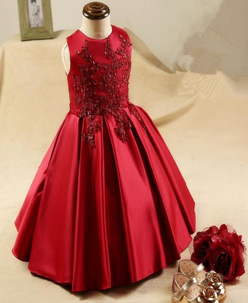 Adorável laço vermelho cetim flor menina vestidos sem mangas rendas chão vestido de baile vestidos da menina para casamentos festa baile9578762
