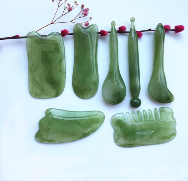 Jade Gua Sha Werkzeug Massagesteine Steine Honig Wachs Bernstein Meridian Gesundheitsmassage Akupunkturpunkt und Sehnenziehen Schönheitstablette 7 Stück 1927156