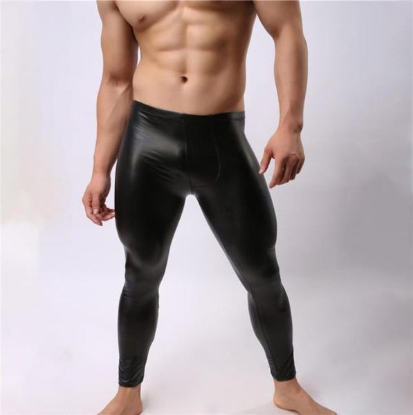 Mutande lunghe da uomo sexy canottiera slim mutande in ecopelle nera maschile sottile liscia U convessa custodia fitness gay leggings a vita alta U9085970
