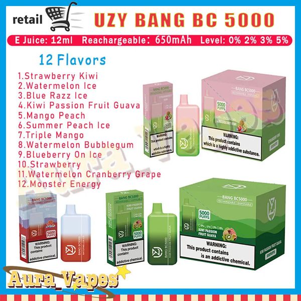 UZY Bang BC5000 Puffs vaper descartável 5K puff E Cigarettes Box Elf Bang Cigarette Vape elfbar BC5000 Vapes descartáveis Pen Device 650mah 12ml Cartridge Pod Bar