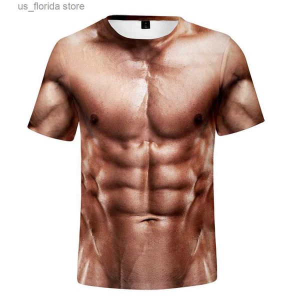 Erkek Tişörtler Kas Gövdesi 3D Baskı T-shirt Erkek Yaz Tişört Giyim Moda Strt Ts Et Deseni Büyük Boyutlu Erkek Kısa SLVE Modeli Y240314
