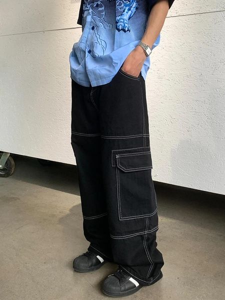 Мужские джинсы 2024, черные свободные широкие брюки с несколькими карманами Y2k, повседневные модные брюки-карго, большая уличная одежда по бокам