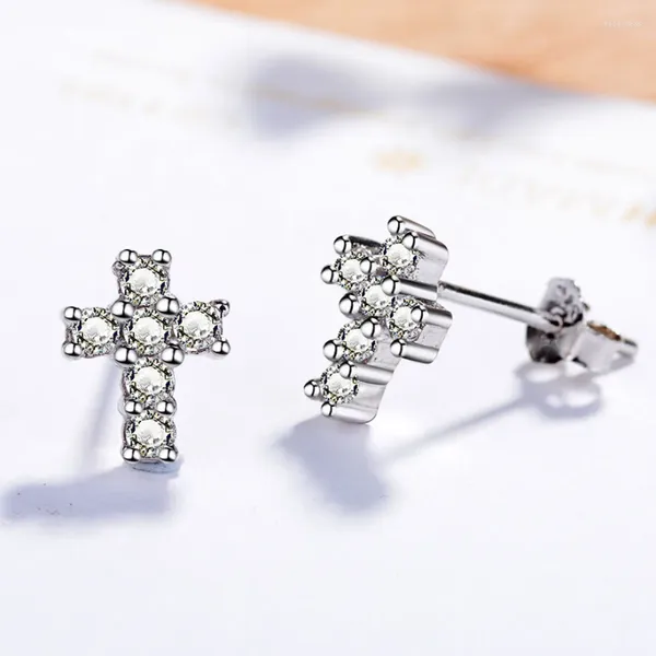Brincos simples cruz para mulheres sólido 925 prata esterlina menina moda jóias de pedra preciosa presente de festa de casamento