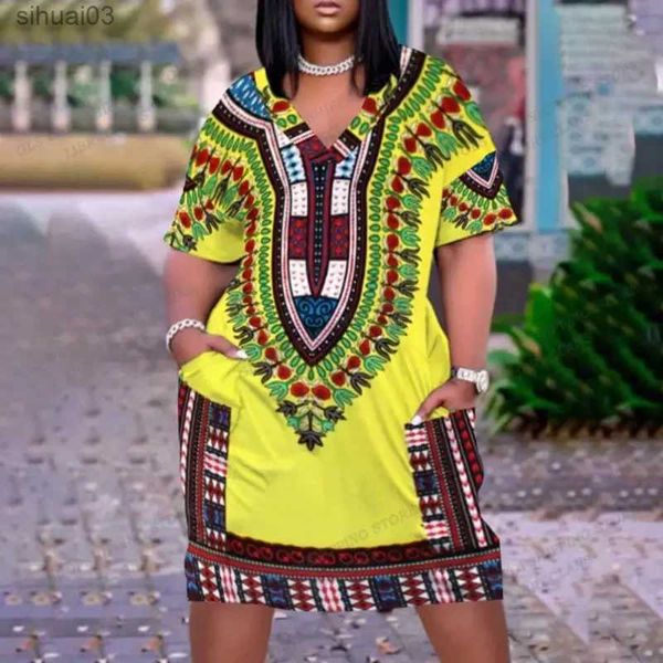 Grundlegende Freizeitkleider, afrikanisches Bohemian-Dashiki-Kleid für Frauen, sexy Midi-Kleider, kurzärmelig, Abendparty, Saudi-Arabien, elegantes Sommerkleid mit V-Ausschnitt, FashionL2403
