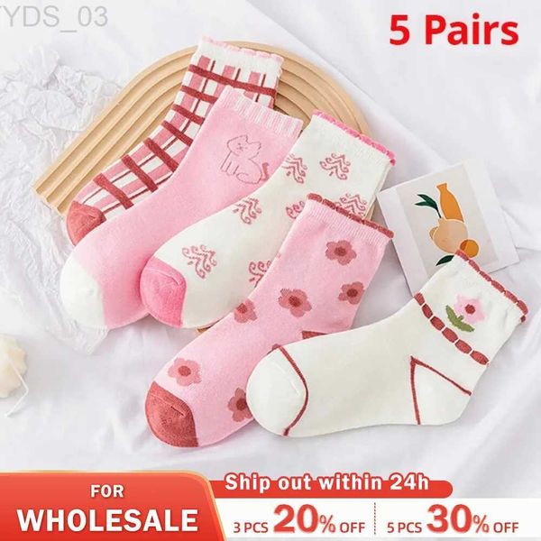 Kindersocken 5 Paar rosa Blumen stricken warme Kindersocken für Mädchen Socken Kinder Damen süße Cartoon mittlere Strümpfe YQ240314