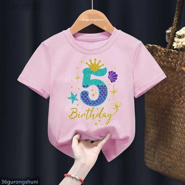 T-shirt 3°/4°/5°/6° regalo di compleanno per ragazze Tshirt Glitter Sirena Principessa Stampa grafica T Shirt Kawaii Abbigliamento per bambini Top estivi ldd240314