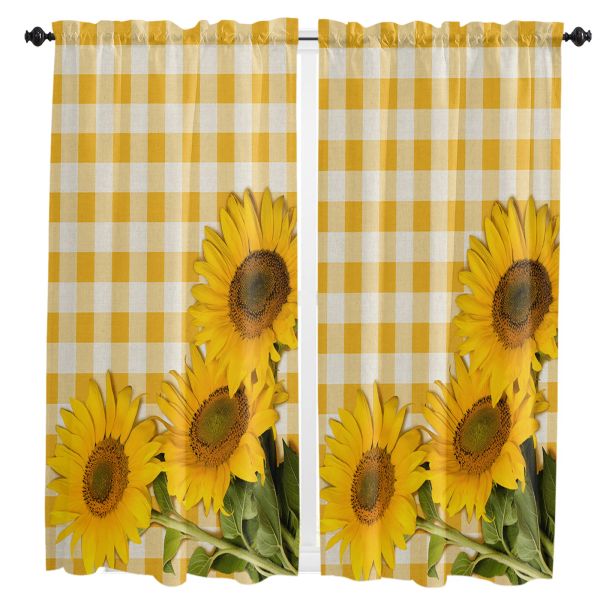 Cortinas de girassol amarelo xadrez pequena haste de bolso cortinas curtas meia divisória porta do armário cortinas de janela decoração de casa