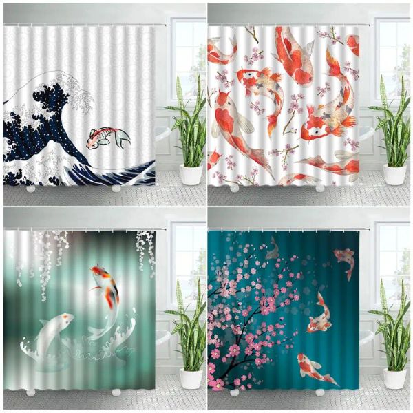 Tende 3D Carpa Rossa Koi Tende da doccia Set Onda del mare Pesce Fiori rosa Decorazioni in stile cinese Bagno Tessuto in poliestere Tenda da bagno