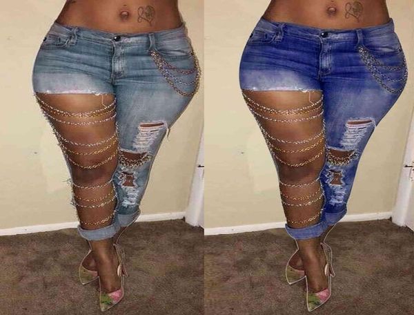 2021 moda donna taglio leggero catena sottile buco grande denim streetwear Potlood Broek jeans sexy5111021