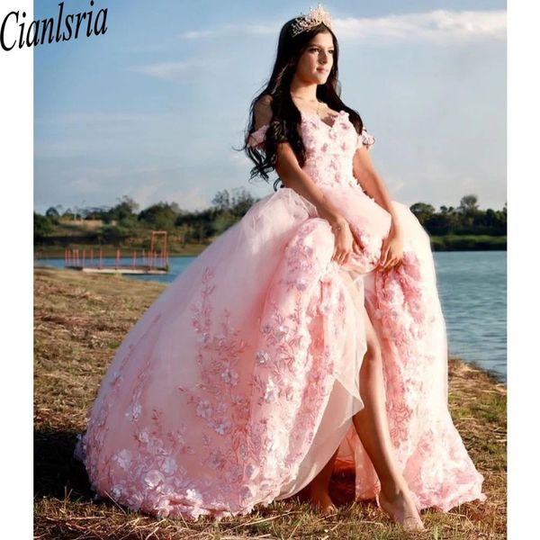 Pembe Ballsown Quinceanera Juniors için Elbiseler Tatlı 16 Elbise Tül 3d Çiçekler Vestidos De 15 Anos Quinceaneras 2024