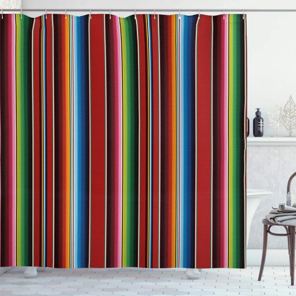 Cortinas Cinco de Mayo Cortinas de Chuveiro Mexicano Serape Listras Coloridas Linhas Verticais Latino Design Ilustração Tecido Decoração de Banheiro