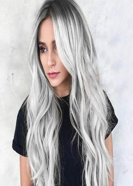 Ombre Silber gewellte Perücke graue lange lockige Haarperücken mit Air Bangs mit Perückenkappe Cosplay Halloween für Frauen8567795