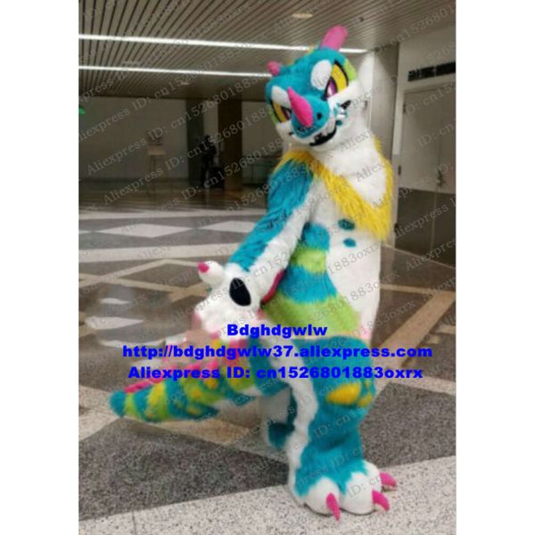 Costumi mascotte Colorato Pelliccia lunga Drago peloso Loong Fursuit Costume mascotte Personaggio dei cartoni animati adulto Vestito Regali per la famiglia Vacanza culturale Zx2996