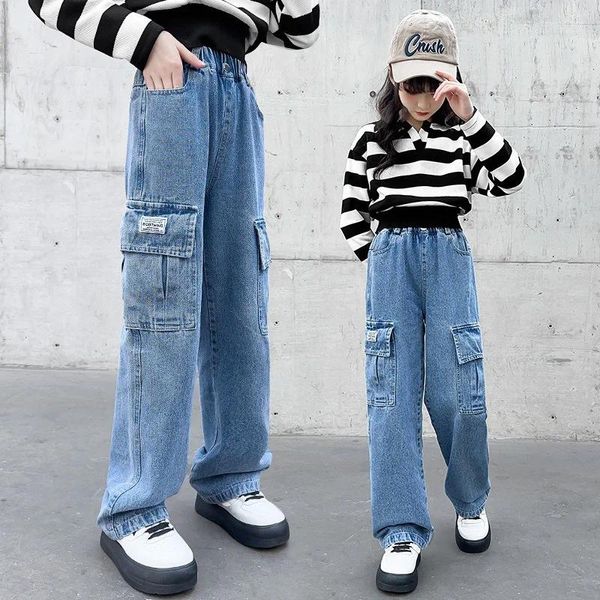 Hosen 2024 Frühling Jeans Cargo Hosen Kinder Kleidung Herbst Mädchen Mode Denim Breite bein kinder Jean 5-14 jahre