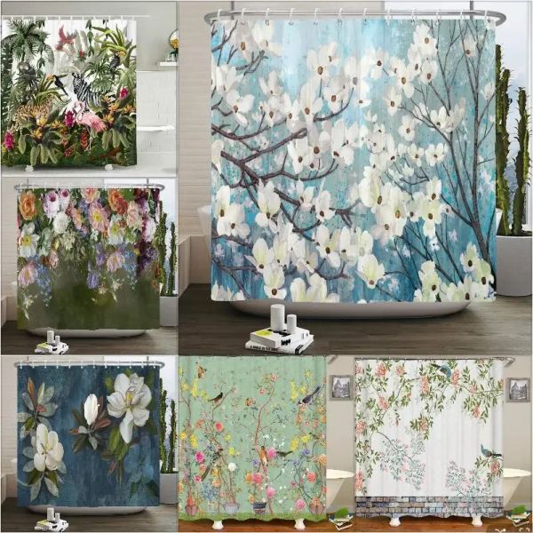 Cortinas estilo chinês flor e pássaros árvore cortinas de chuveiro cortina de banho à prova d' água decoração de banheiro com ganchos impressão 3d cortina de banho